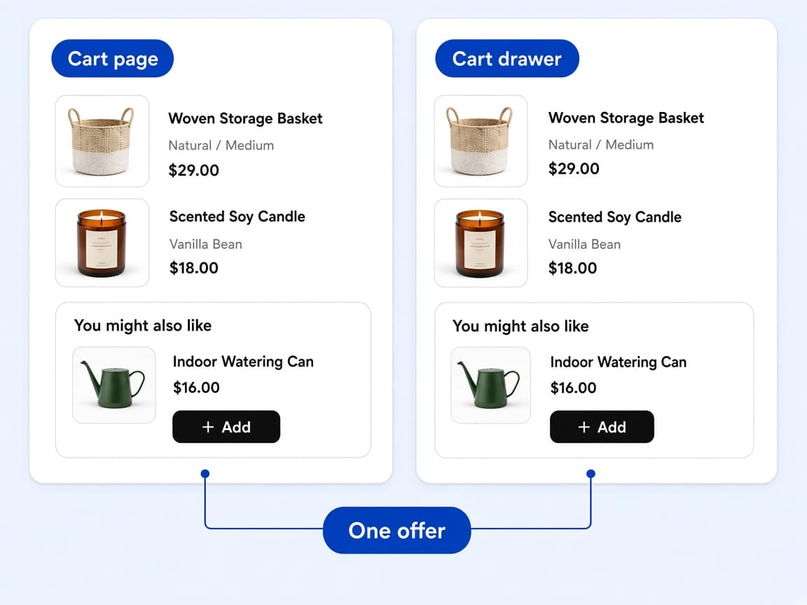 Cart page and cart drawer side by side, both showing the same You might also like offer, labeled One offer.