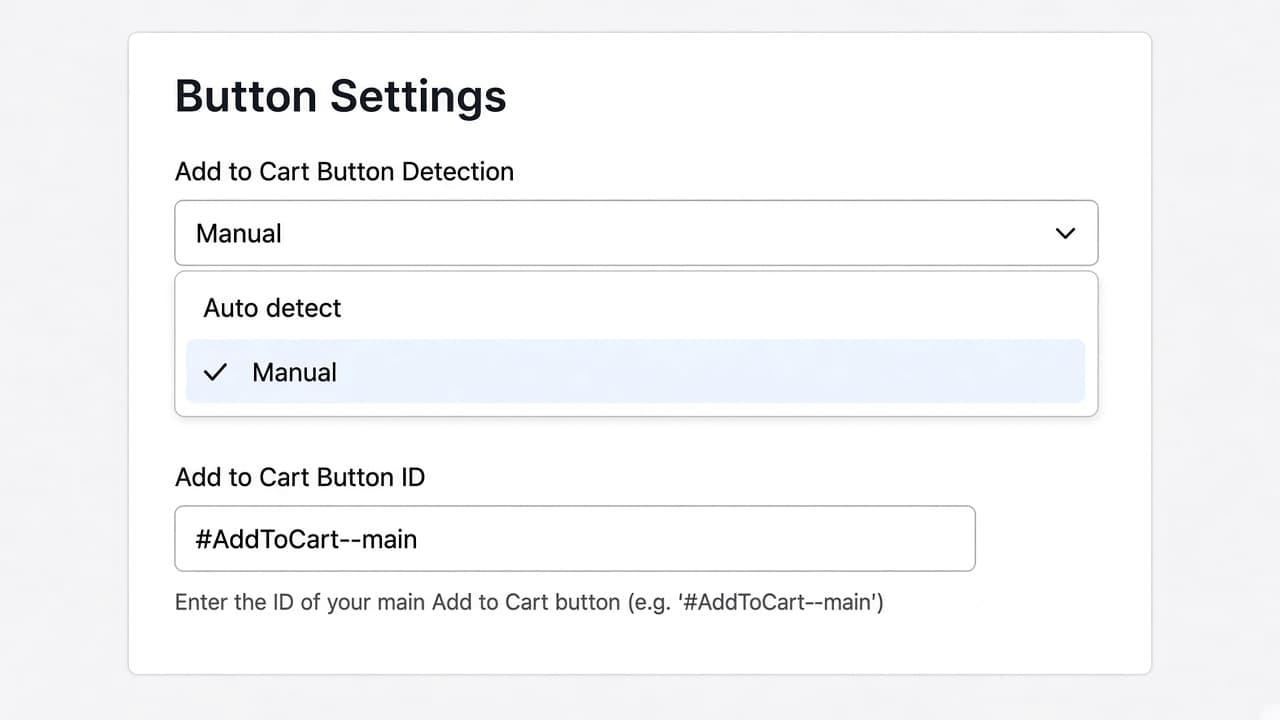Offer editor Button Settings card with Add to Cart Button Detection set to Manual and Button ID #AddToCart--main.