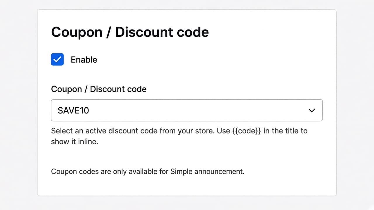 Offer editor Coupon / Discount code card with Enable checked, SAVE10 selected, and a note that codes are only for Simple announcement.