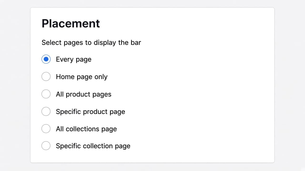 Offer editor Placement card with Select pages to display the bar, Every page selected.