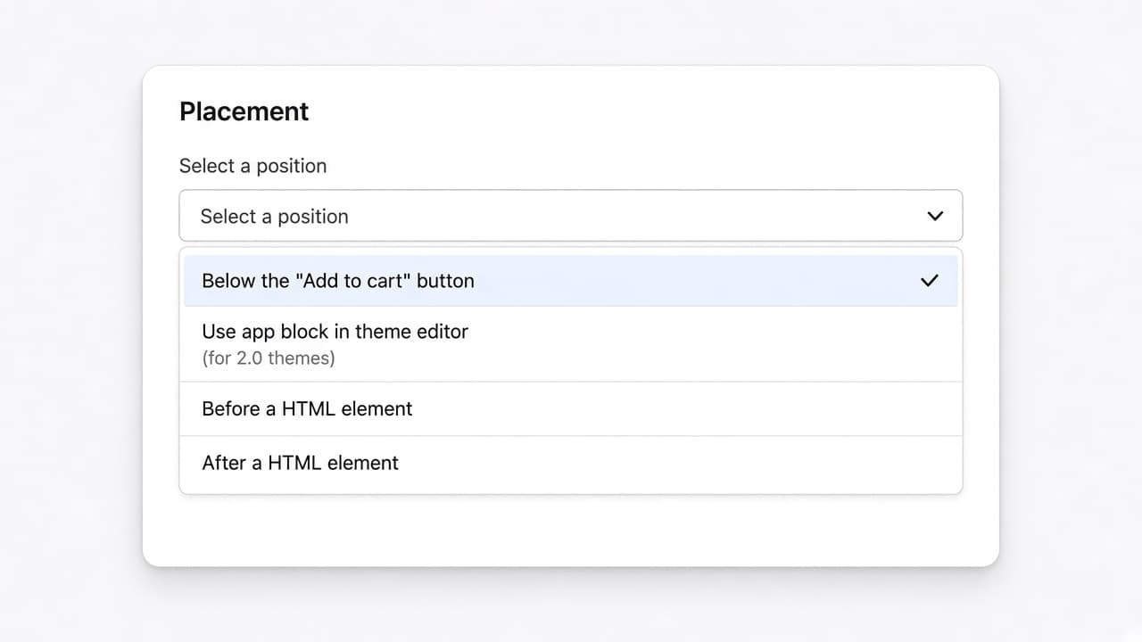 Offer editor Placement card with Select a position set to Below the Add to cart button.
