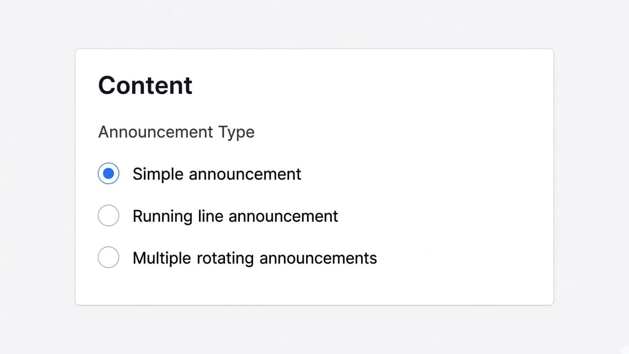 Offer editor Content card with Announcement Type set to Simple announcement, plus Running line and Multiple rotating options.