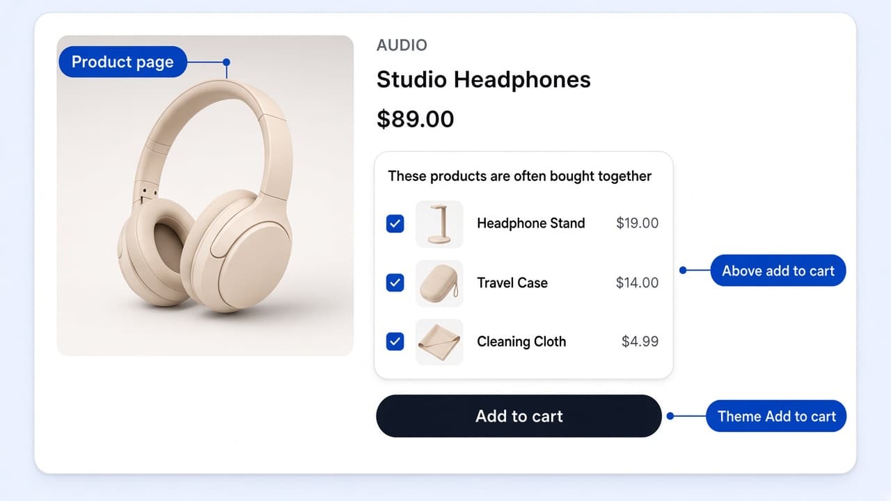 Product Add-Ons on a product page, with callouts for Product page, Above add to cart, and Theme Add to cart.