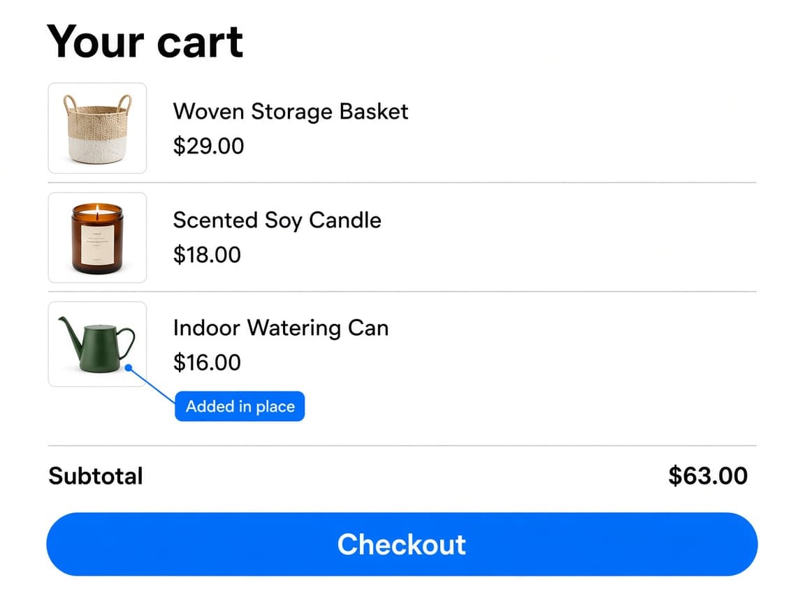Cart with the watering can added as a line item, labeled Added in place, and an updated subtotal.