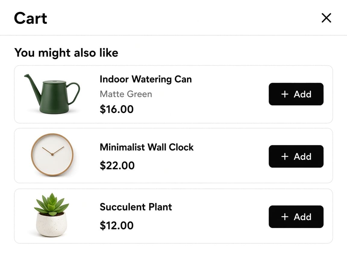 Cart drawer with a You might also like list and Add buttons on each recommended product.