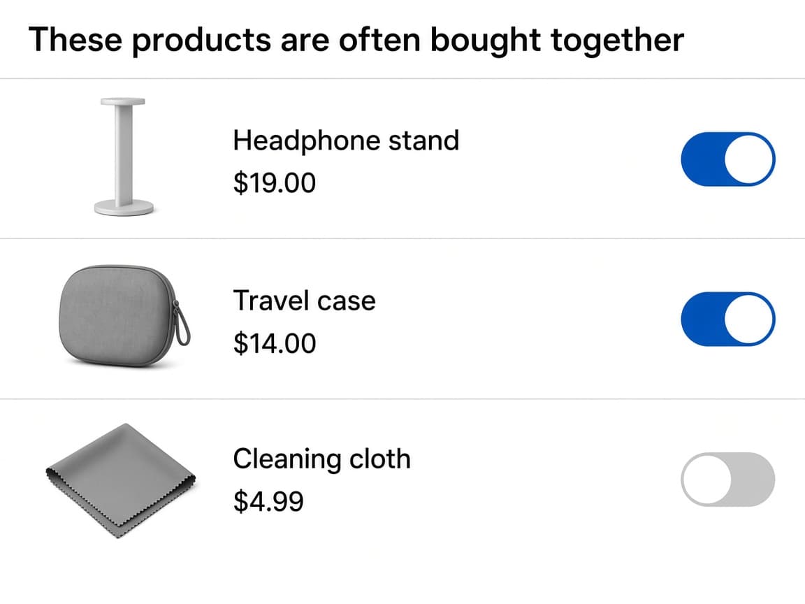 Product Add-Ons list using on/off switches, with two extras on and one off.