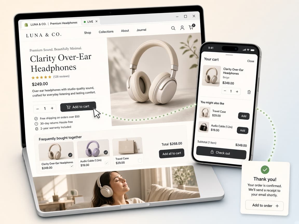Live demo storefront on laptop and phone — product page, cart, and thank-you offers connected in one browse path.